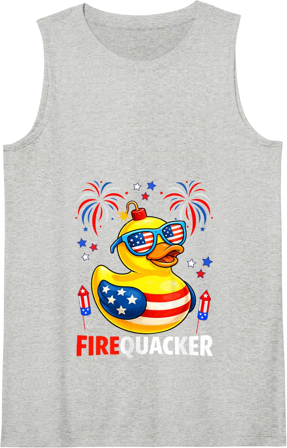 Firequacker 4th of July US Flag Duck Sunglasses Fireworks Tank Top - Heather Grey