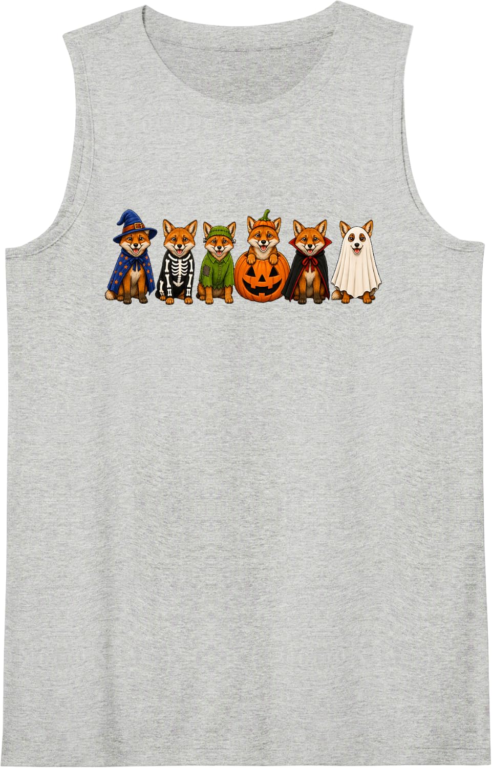 Cute Halloween Shiba Inu Dog Costume Spooky Pumpkin Crew Sleeveless Tank Top - Heather Grey