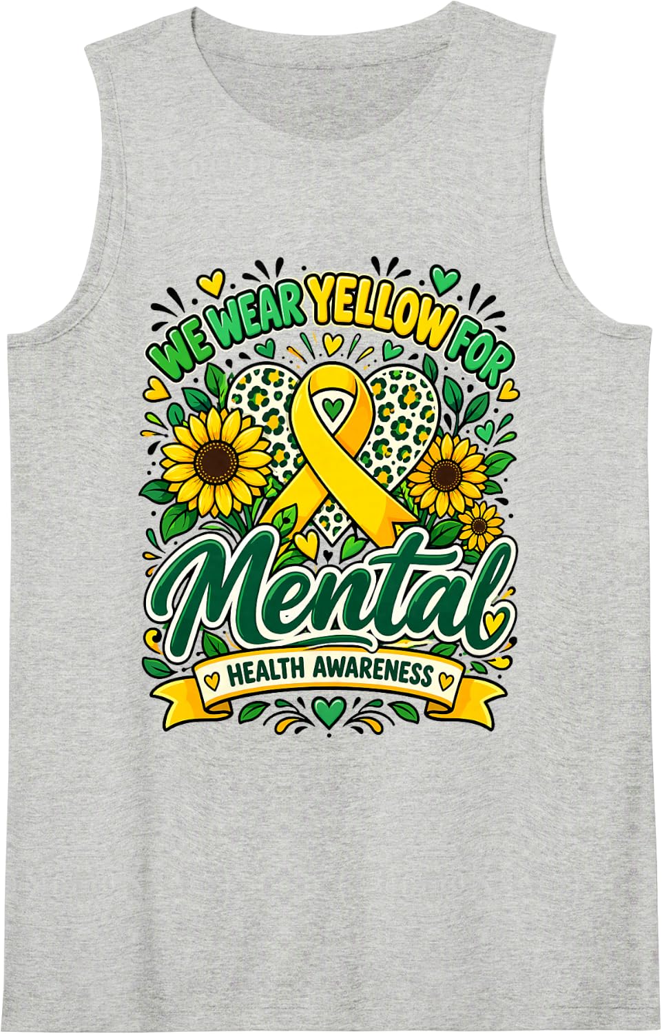 Wear Yellow for Mental Health Awareness Ribbon Sunflower Sleeveless Tank Top - Heather Grey