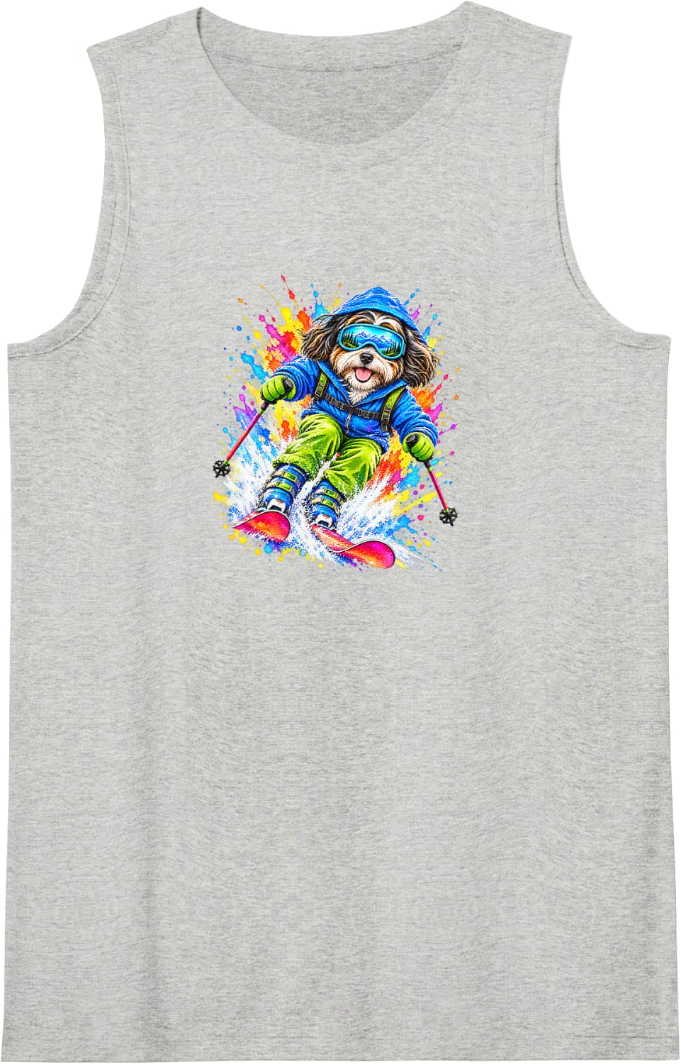 Havanese Dog Skiing Watercolor Splash Art Sleeveless Tank Top - Heather Grey