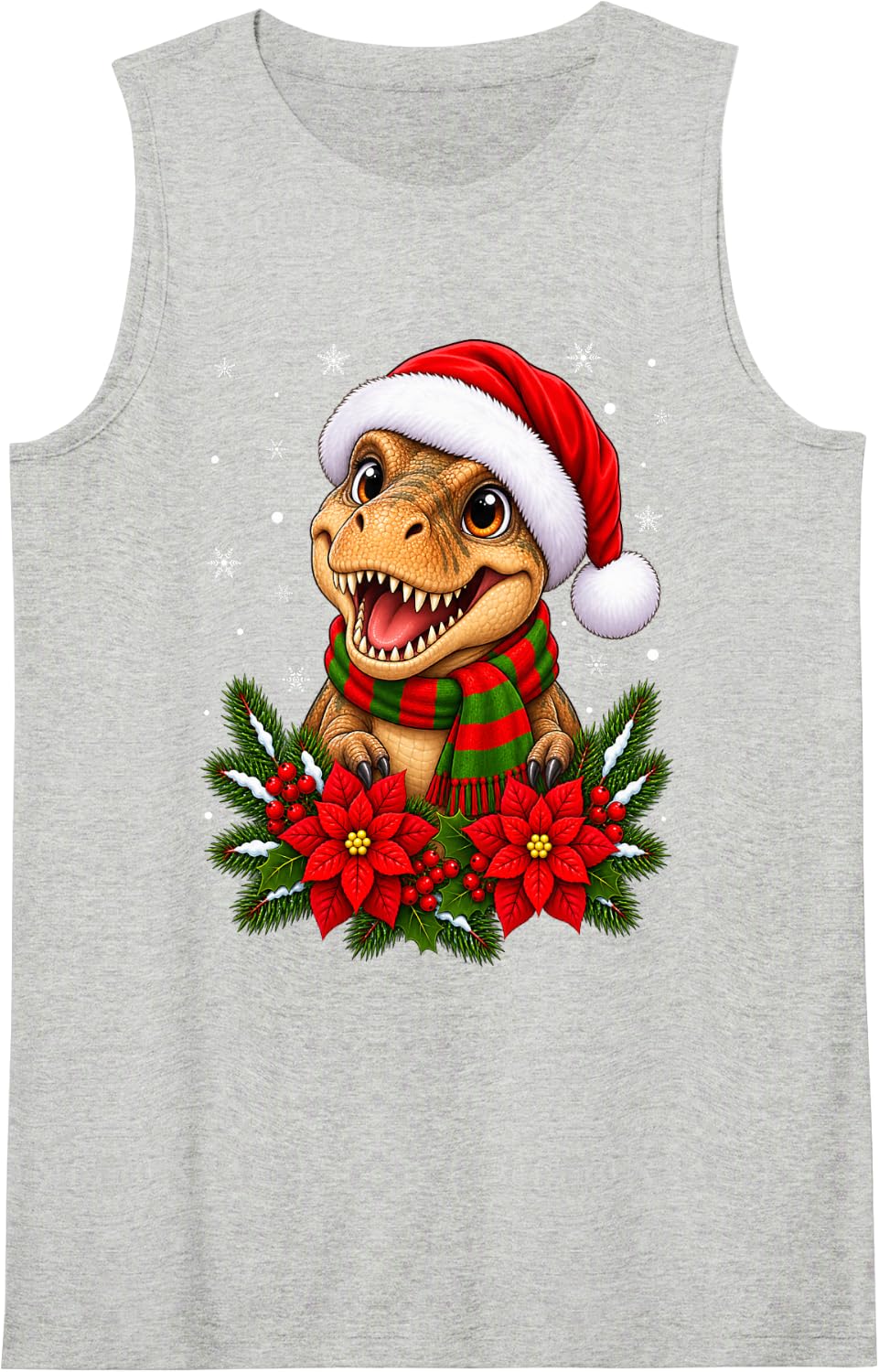 Cute Dino Festive Flowers Santa Hat T-Rex Dinosaur Christmas Sleeveless Tank Top - Heather Grey