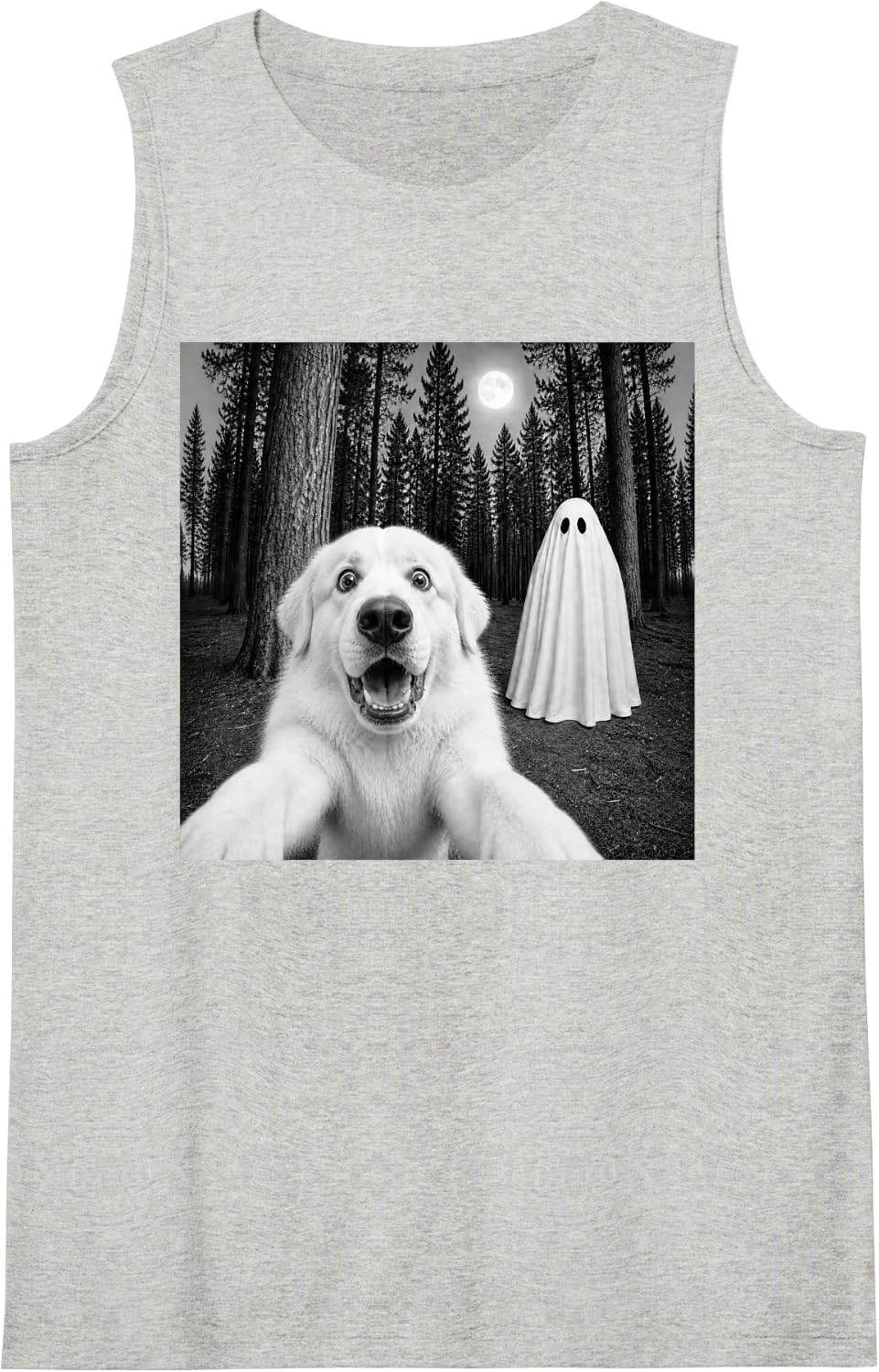 Spooky Great Pyrenees Selfie with Ghost Halloween Dog Sleeveless Tank Top - Heather Grey