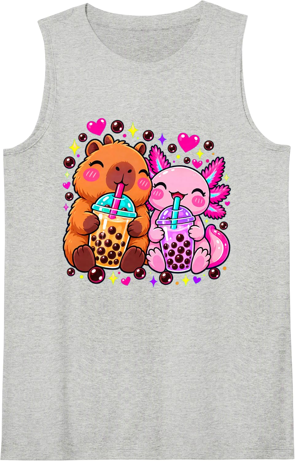 Axolotl Capybara Drinking Boba Tea Bubbletea Cute Kawaii Sleeveless Tank Top - Heather Grey