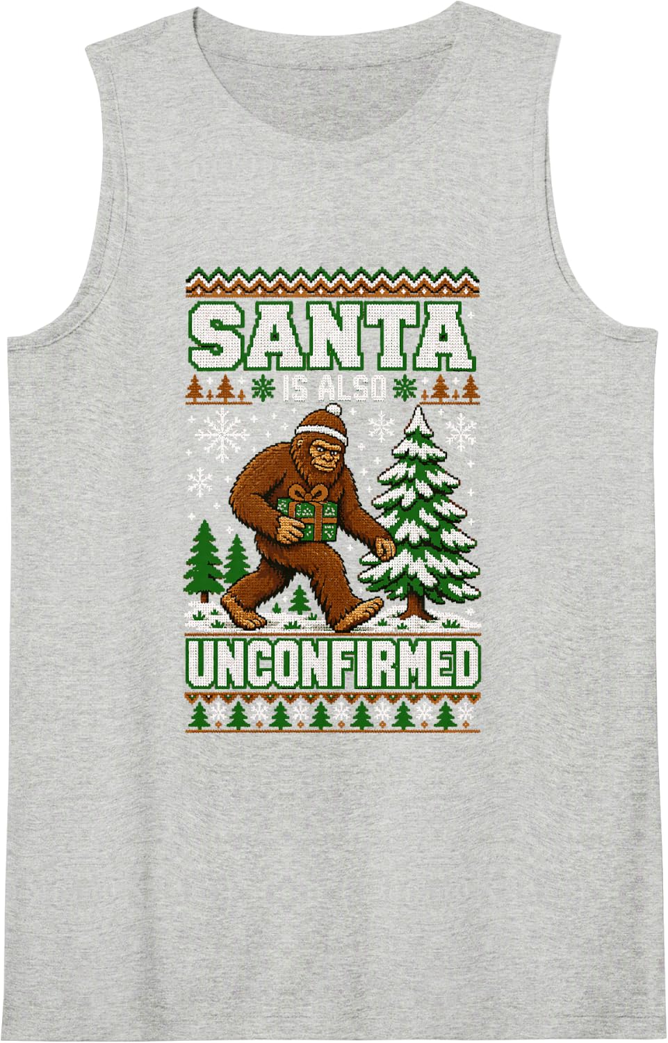 Santa is Also Unconfirmed Bigfoot Ugly Christmas Sweater Sleeveless Tank Top - Heather Grey