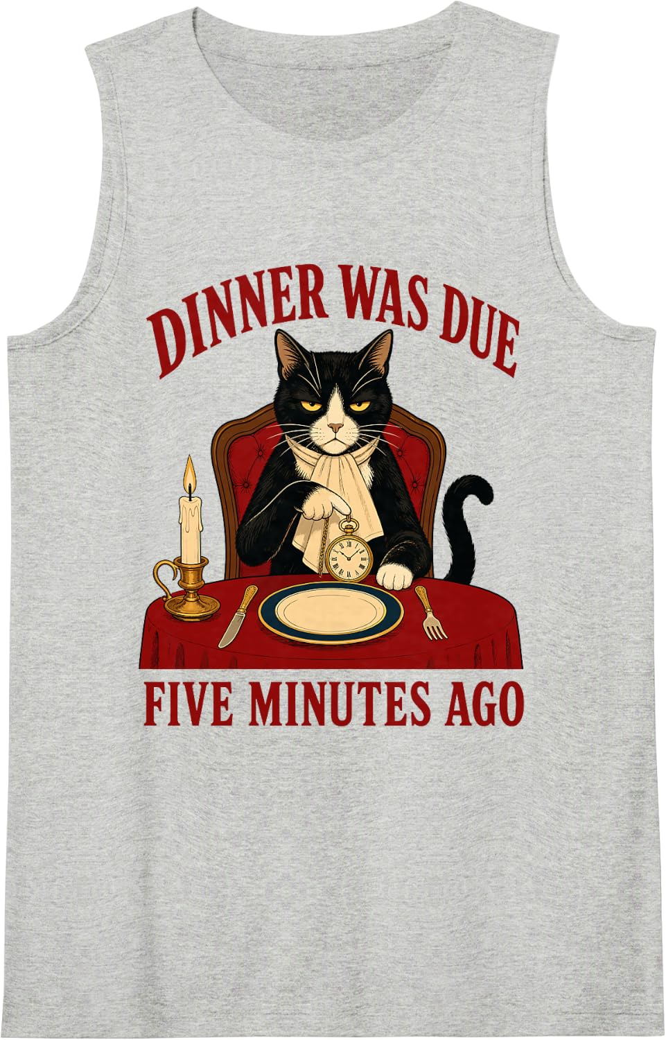 Dinner was Due Five Minutes Ago Tuxedo Cat Sleeveless Tank Top - Heather Grey
