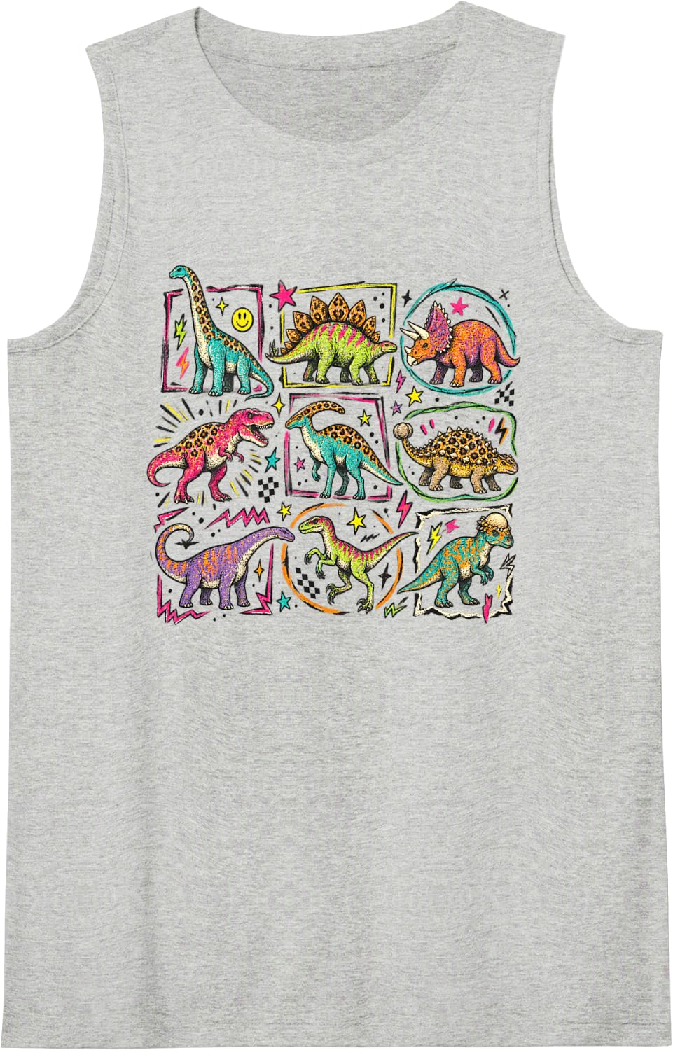 Dinosaurs Retro Leopard Print Colorful Dino Collage Art Sleeveless Tank Top - Heather Grey