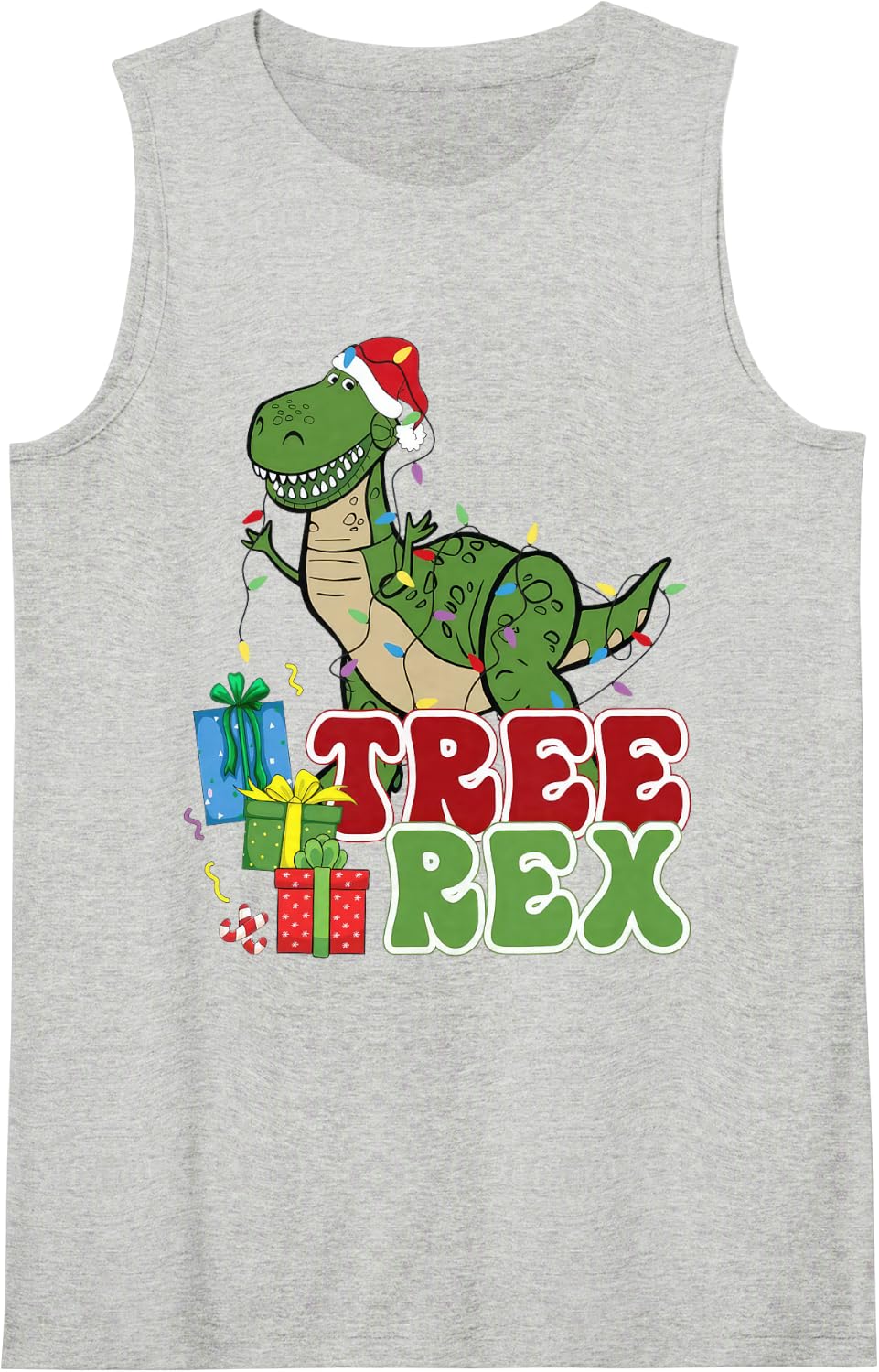 Dinosaur Tree Rex Christmas Men Boys Kids Toddler Xmas Light Sleeveless Tank Top - Heather Grey