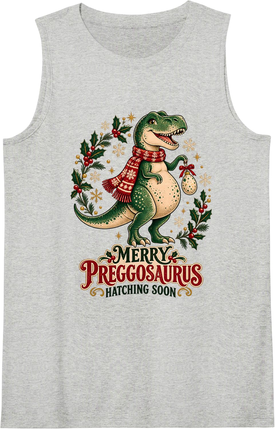 Merry Preggosaurus Christmas Pregnant Mom to Be Pregnancy Sleeveless Tank Top - Heather Grey