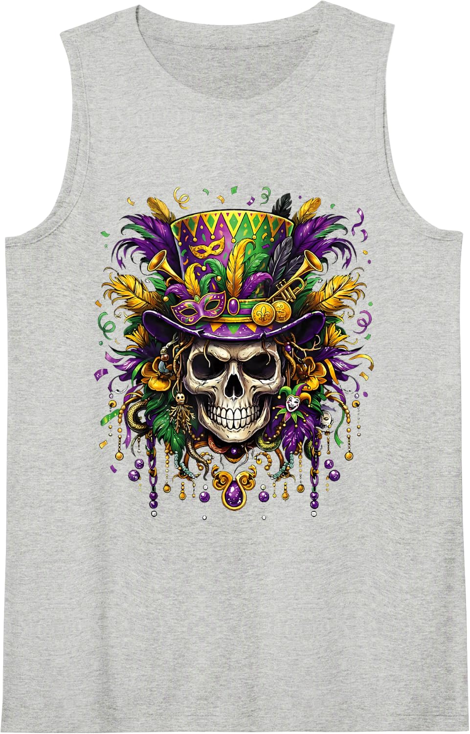 Skull Mardi Gras Men Women Kids Carnival New Orleans Parade Sleeveless Tank Top - Heather Grey