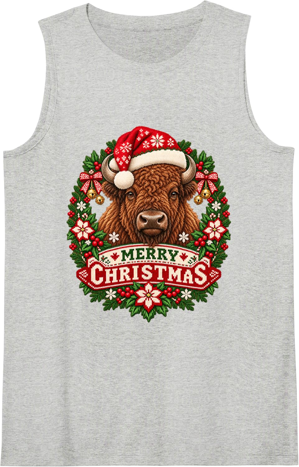 Merry Christmas Bison Happy Santa Hat Snowflake Sleeveless Tank Top - Heather Grey