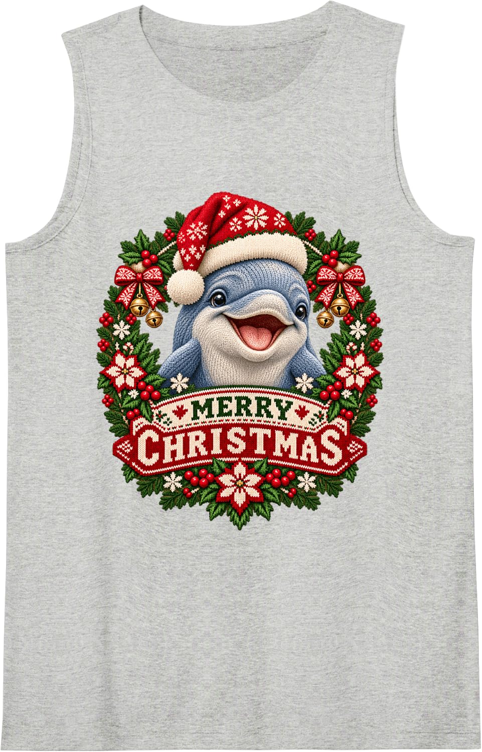 Merry Christmas Dolphin Happy Santa Hat Snowflake Sleeveless Tank Top - Heather Grey