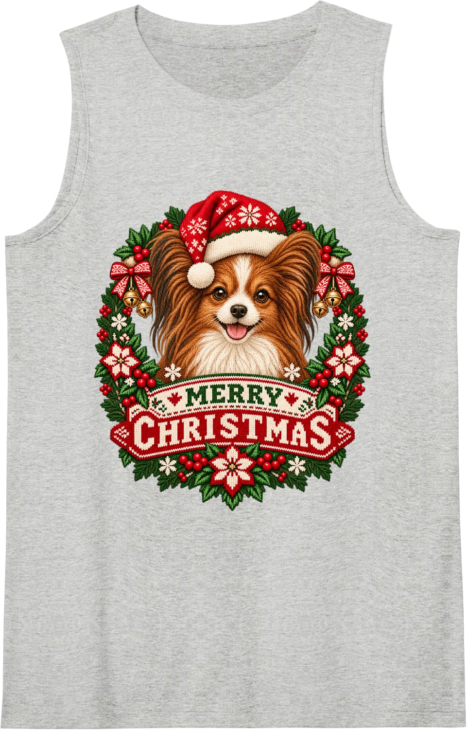 Merry Christmas Papillion Happy Santa Hat Snowflake Sleeveless Tank Top - Heather Grey