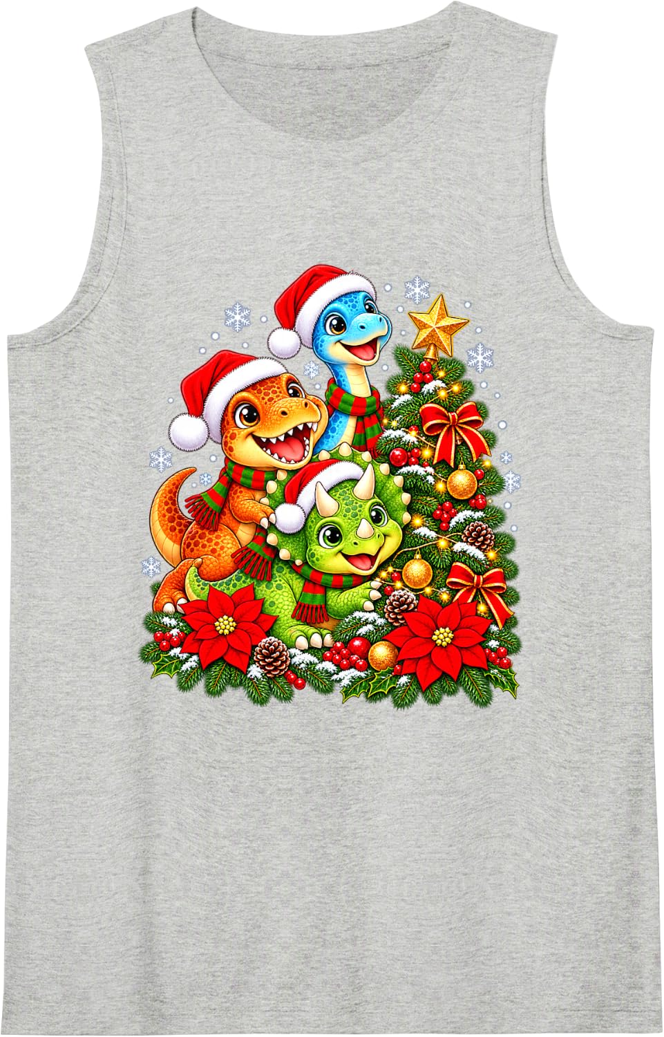 Christmas Tree Dinosaurs Santa Hat Men Women Kids Sleeveless Tank Top - Heather Grey