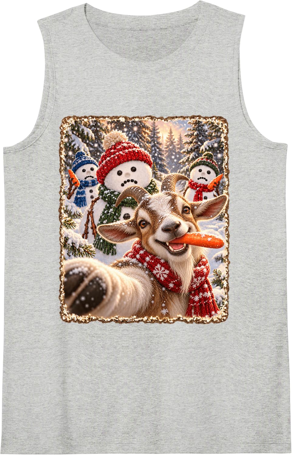 Funny Goat Silly Christmas Snowman Selfie Sleeveless Tank Top - Heather Grey