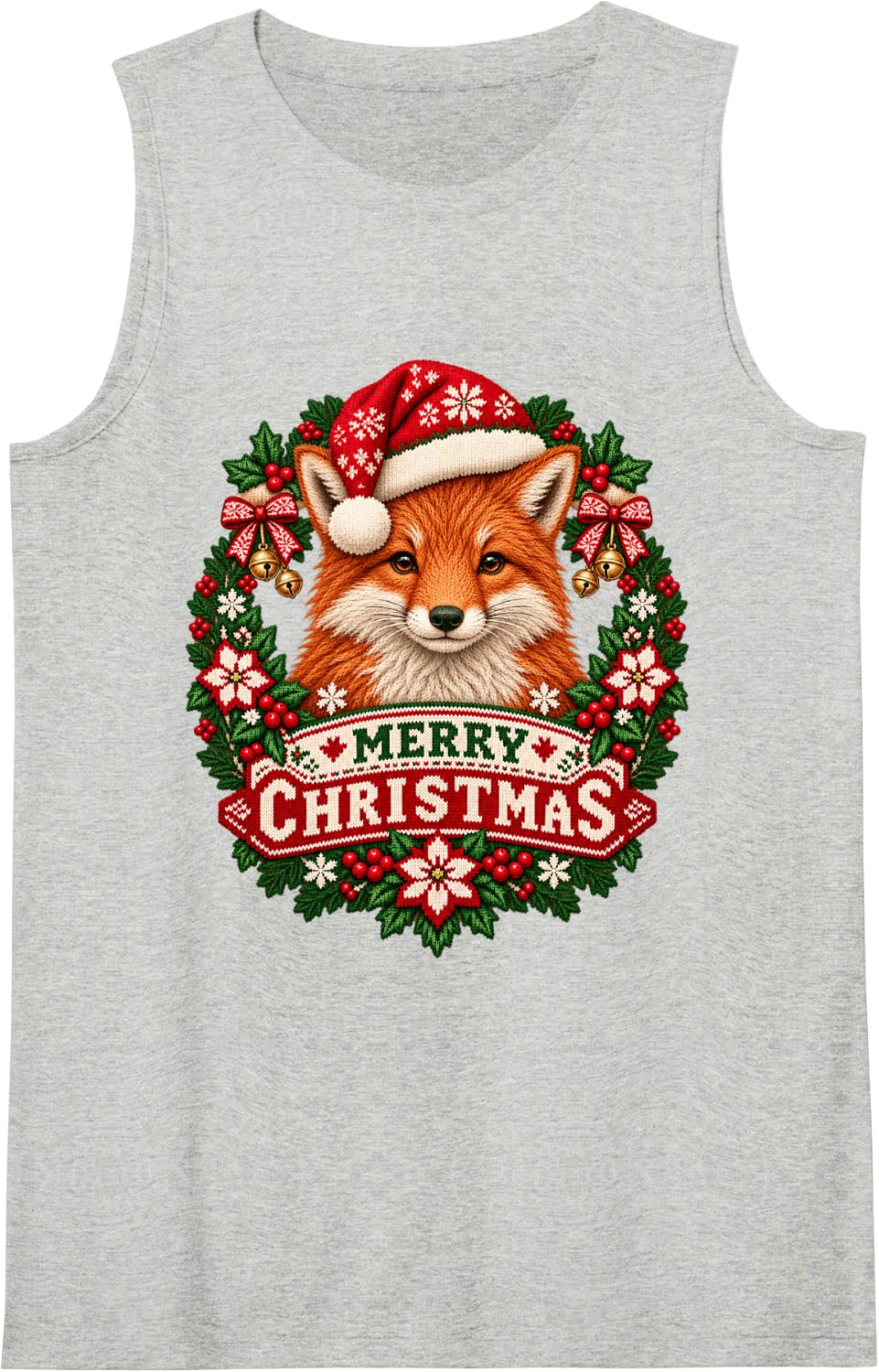 Merry Christmas Fox Happy Santa Hat Snowflake Sleeveless Tank Top - Heather Grey