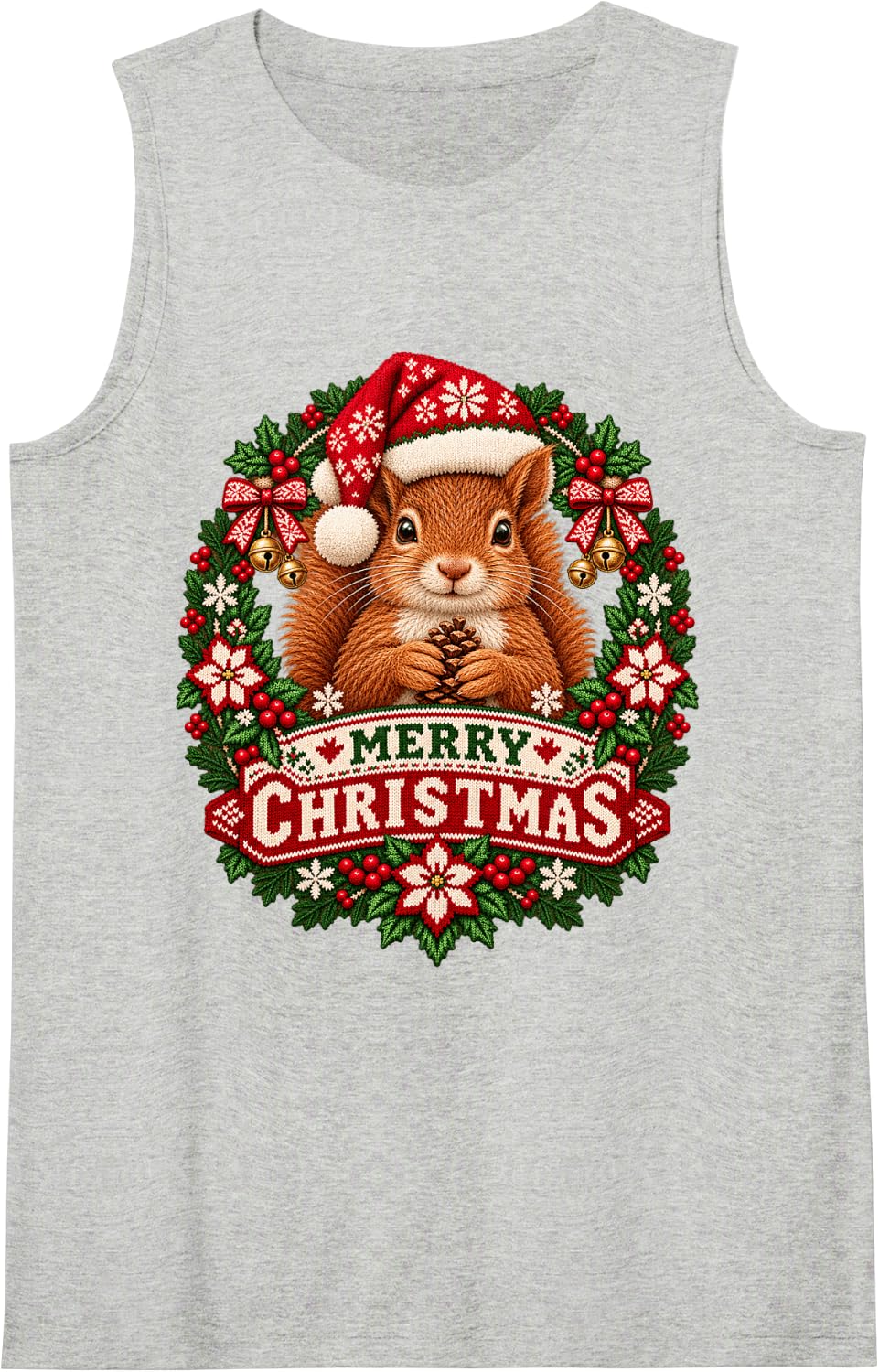 Merry Christmas Squirrel Happy Santa Hat Snowflake Sleeveless Tank Top - Heather Grey
