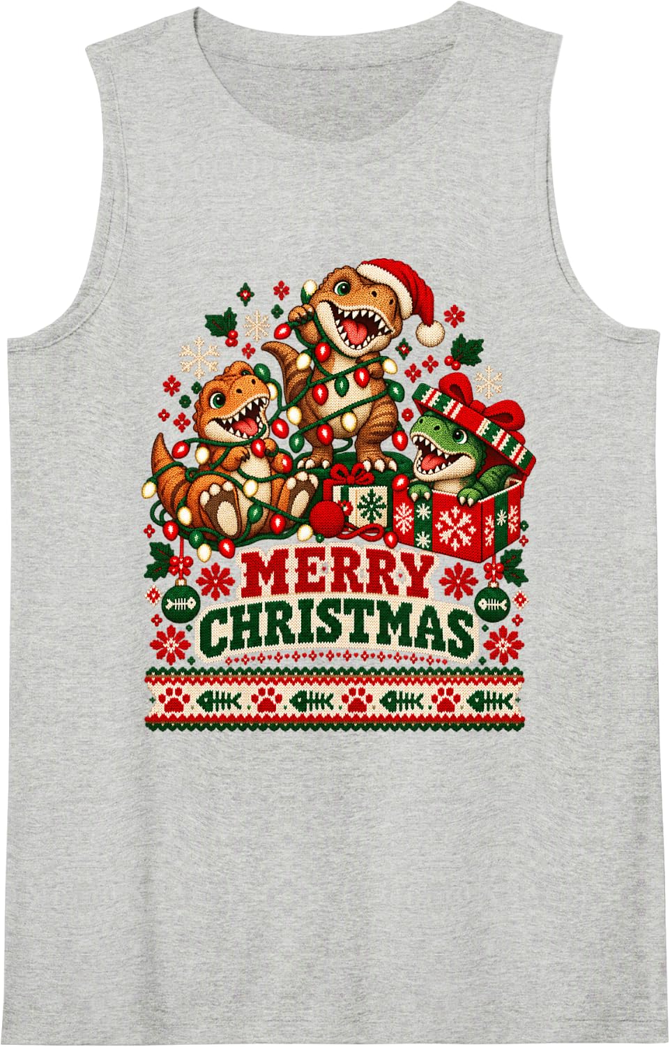 Merry Christmas Trex Playful Holiday Lights Men Women Sleeveless Tank Top - Heather Grey