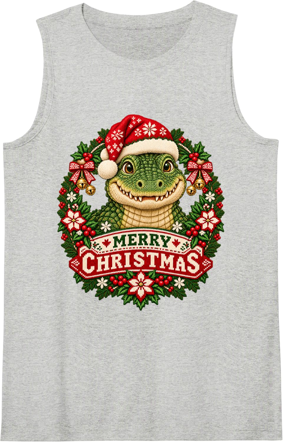 Merry Christmas Crocodile Happy Santa Hat Snowflake Sleeveless Tank Top - Heather Grey
