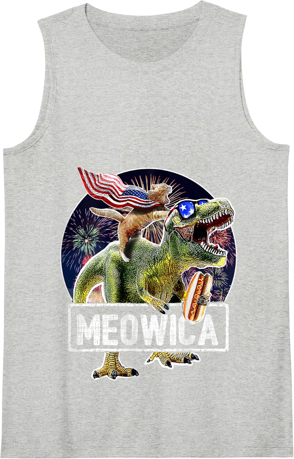 Meowica Cat T Rex Dinosaur American Flag 4th of July Gift Tank Top Small - Heather Grey