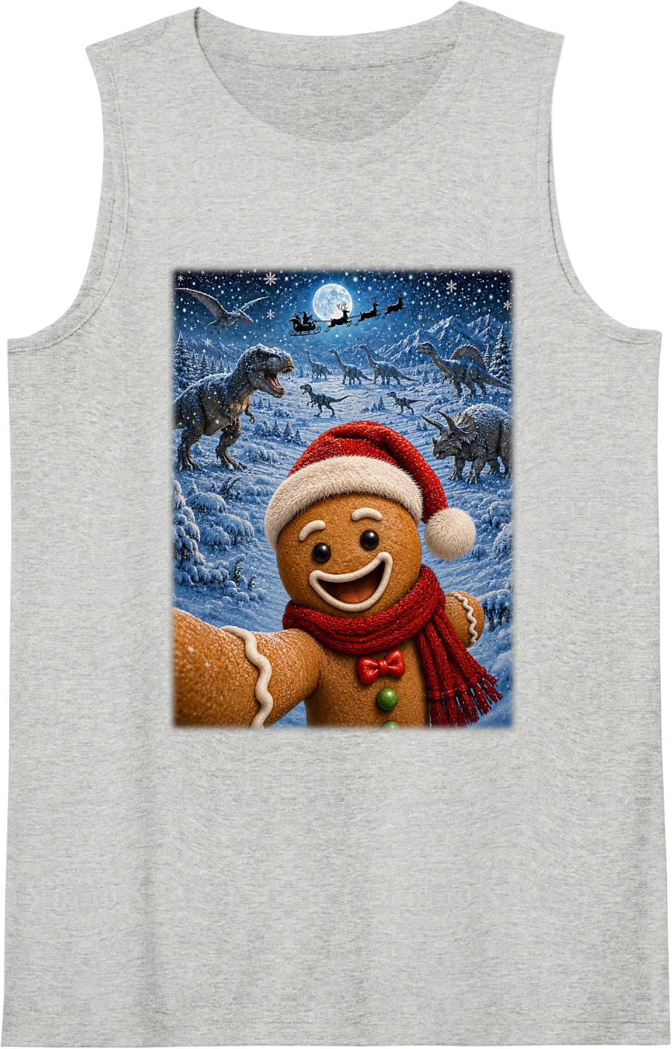 Festive Santa Gingerbread Man Dinosaurs Christmas Selfie Sleeveless Tank Top - Heather Grey