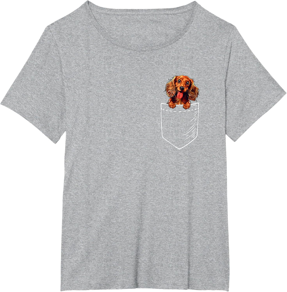 Cute Mens Womens Girls Pocket Long Haired Dachshund Lover T-Shirt - Heather Grey