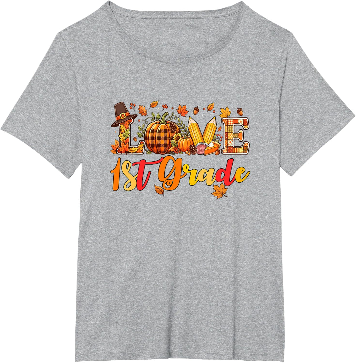 Love 1st Grade Thanksgiving Fall Leaves Pumpkins Students T-Shirt - Heather Grey