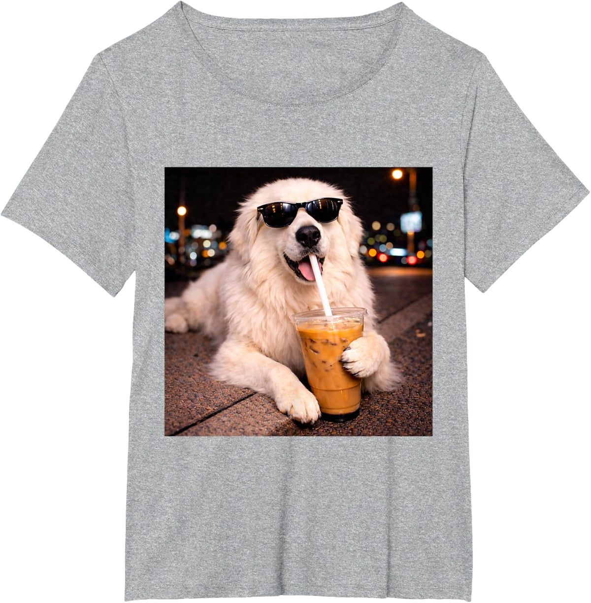 Great Pyrenees Dog Funny Iced Coffee Dogs Meme T-Shirt - Heather Grey