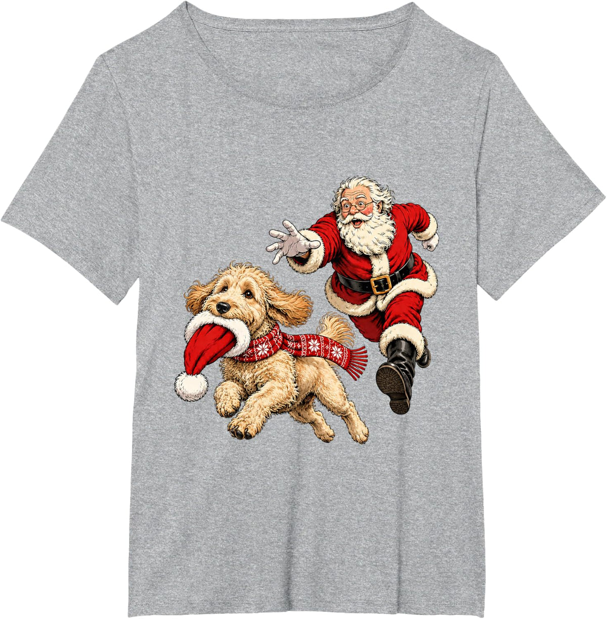 Funny Santa Chasing Labradoodle Christmas Dog Mom Pet T-Shirt - Heather Grey