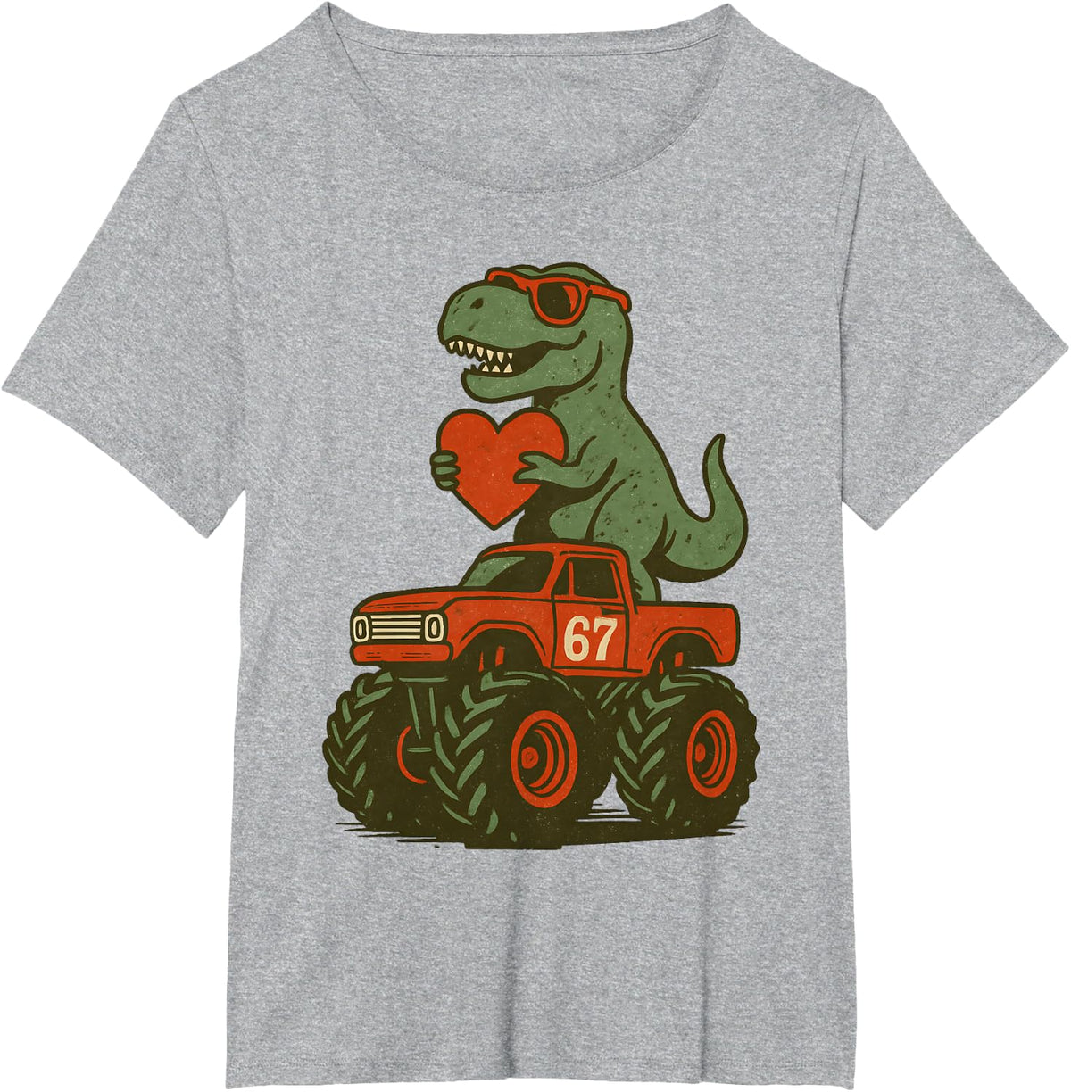Valentines Day Trex 67 Meme Dinosaur 6 7 Dino Riding Truck T-Shirt - Heather Grey