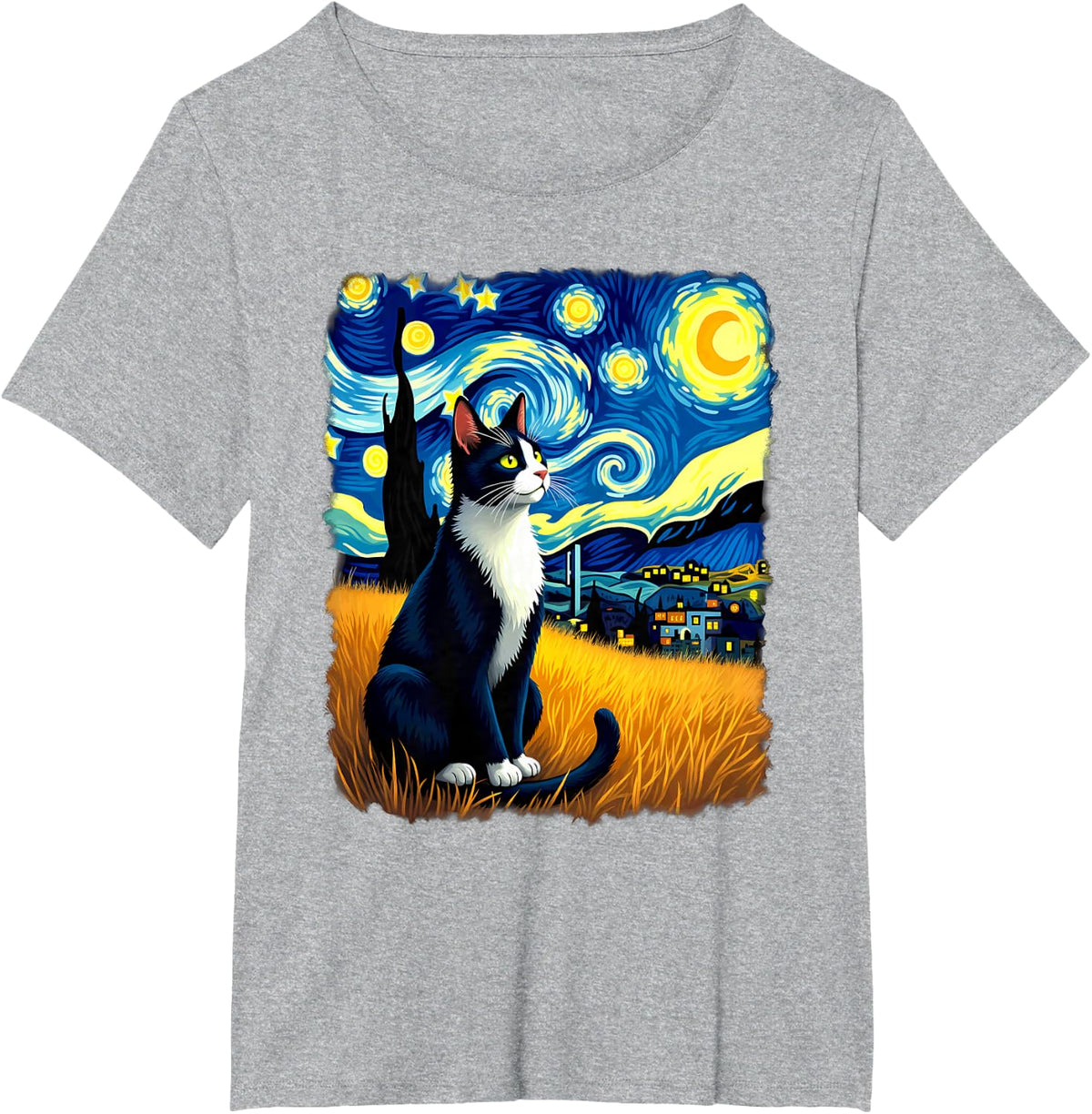 Retro Tuxedo Cat Starry Night T-Shirt Tee Vintage Cat Lover Gift - Heather Grey