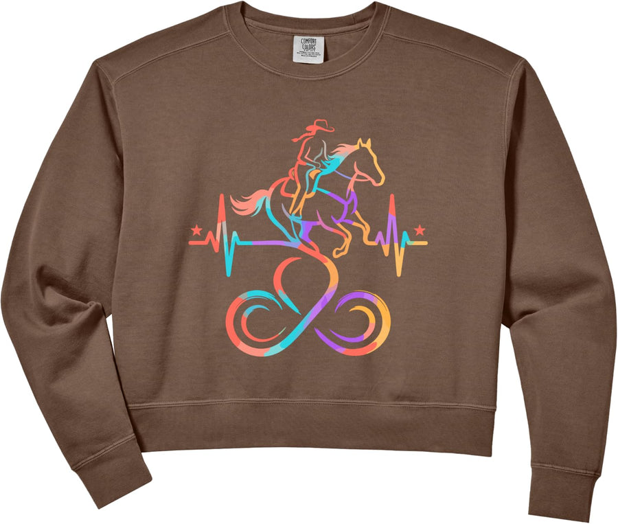 Women's Barrel Racing Heartbeat Cowgirl Horse Rider Rodeo Funny Comfort Colors Crop Sweatshirt - Espresso