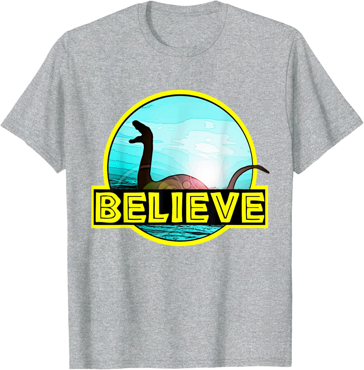 Believe Sea Monsters Ocean Plesiosaur Dinosaur Nessie Champ T-Shirt - Heather Grey