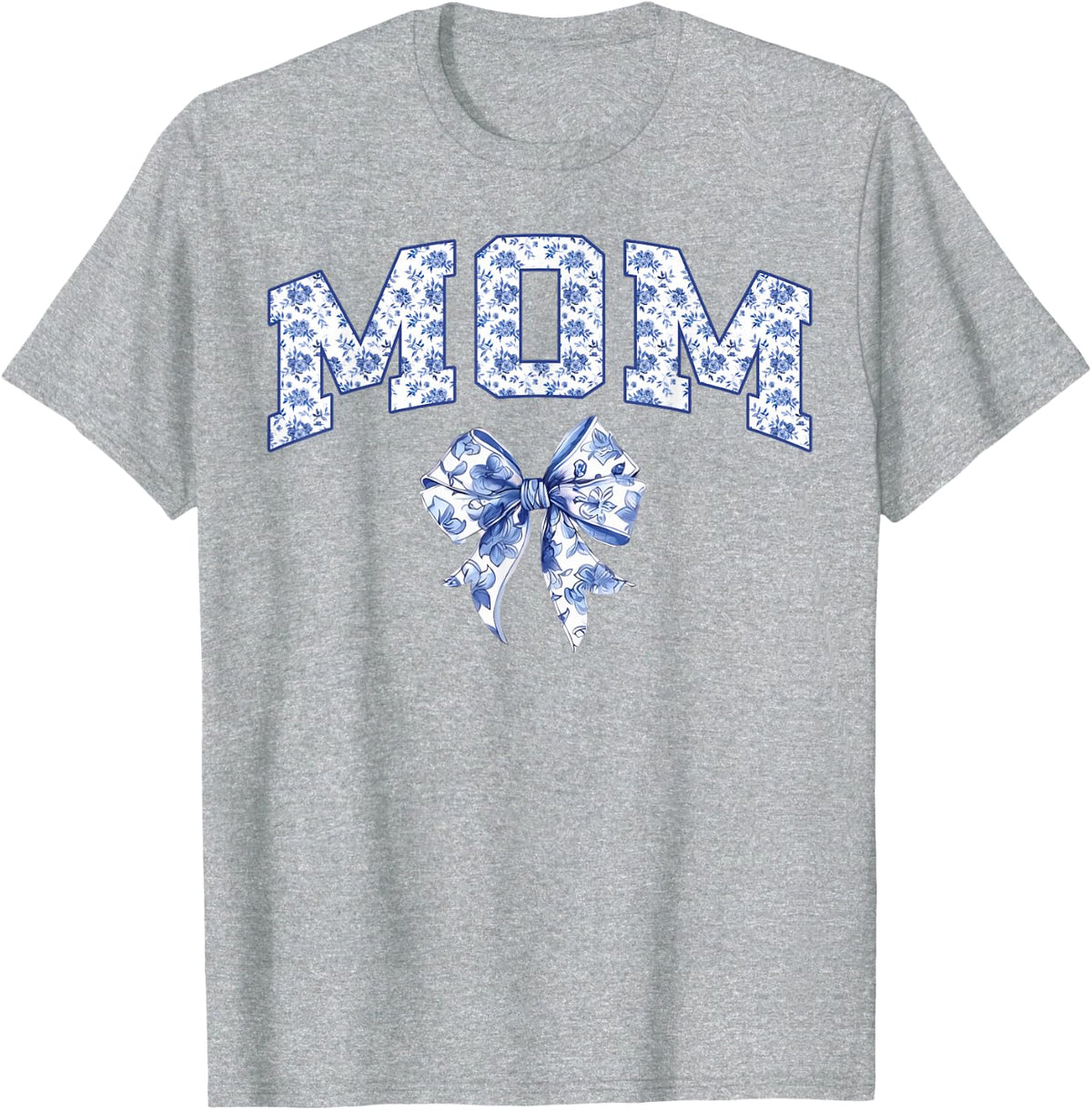 Mom Coquette Toile Blue Bow Floral Family Matching T-Shirt - Heather Grey