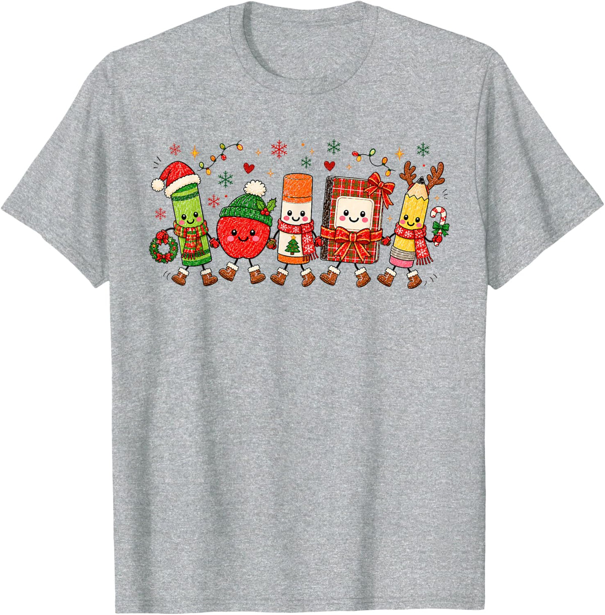 Cute Christmas School Supplies Crayons Pencils Teacher Xmas T-Shirt - Heather Grey