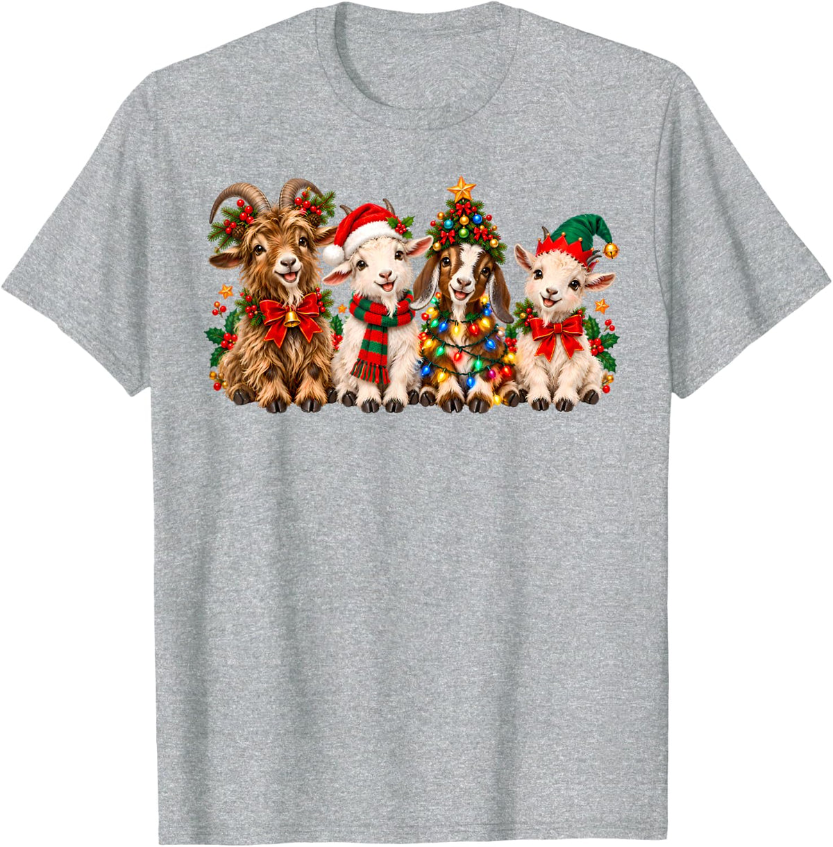 Funny Goats Santa Reindeer Elf Christmas Tree Lights Xmas T-Shirt - Heather Grey