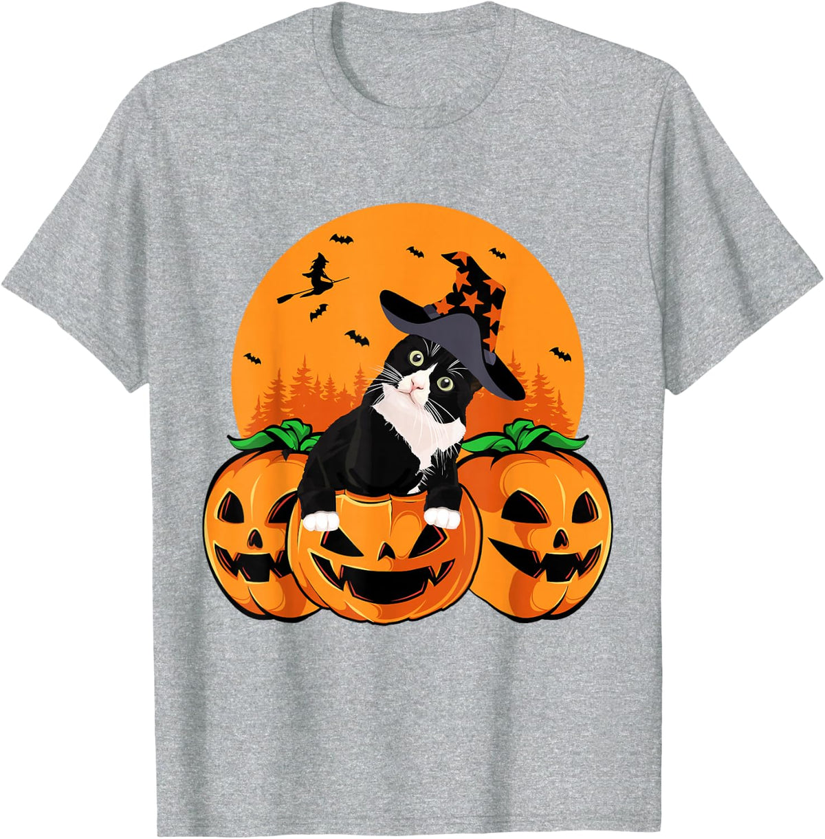 Tuxedo Cat Witch Hat Halloween Scary Jack O Lantern Pumpkins T-Shirt - Heather Grey