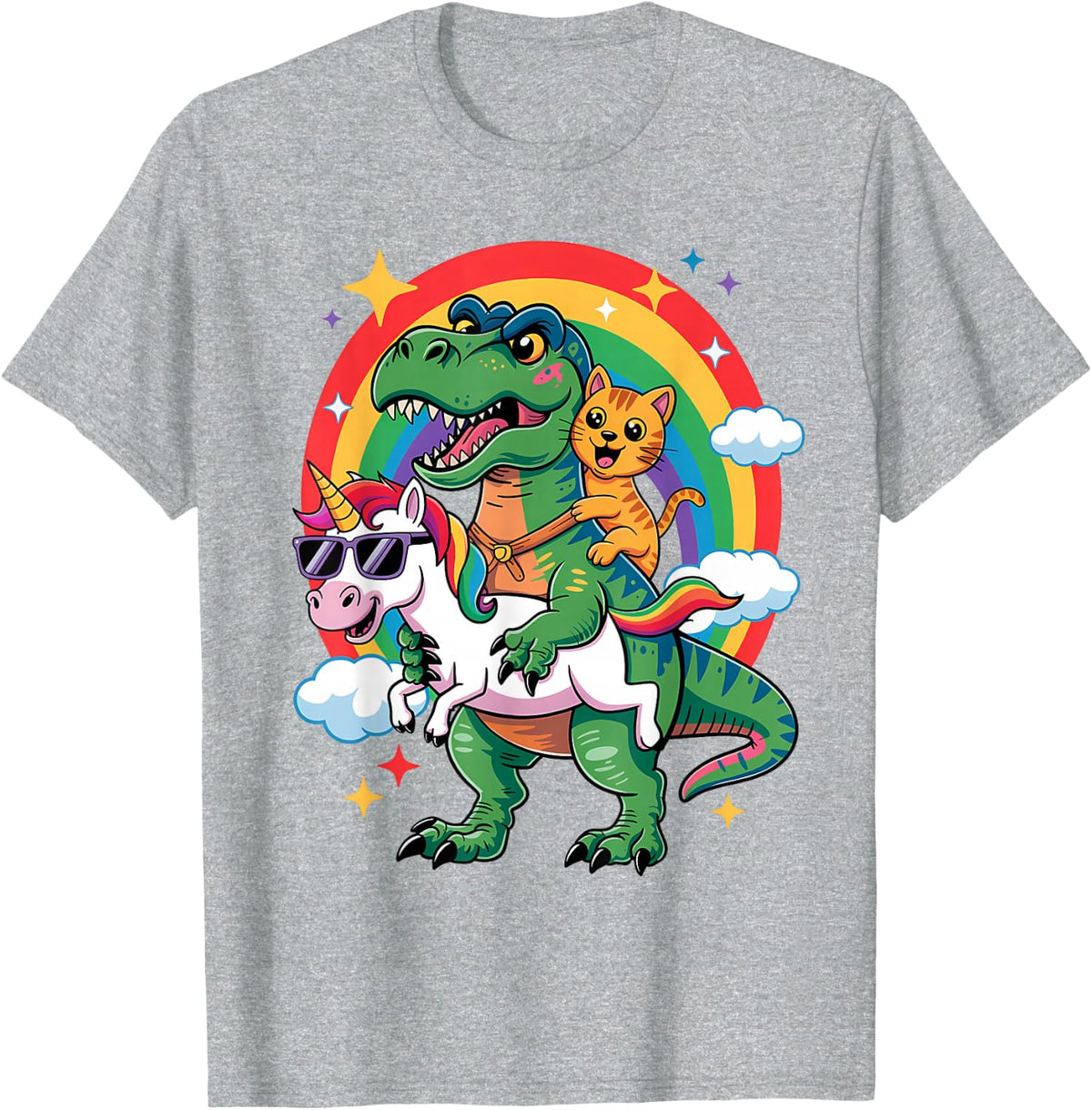 Cute Animal Unicorn Cat Riding Dinosaur Rainbow Space Galaxy T-Shirt Tee for Kids Adults - Heather Grey