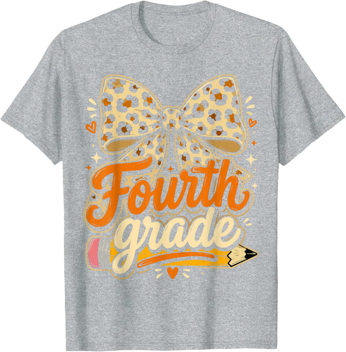 Fourth Grade Leopard Bow Back to School T-Shirt - Heather Grey