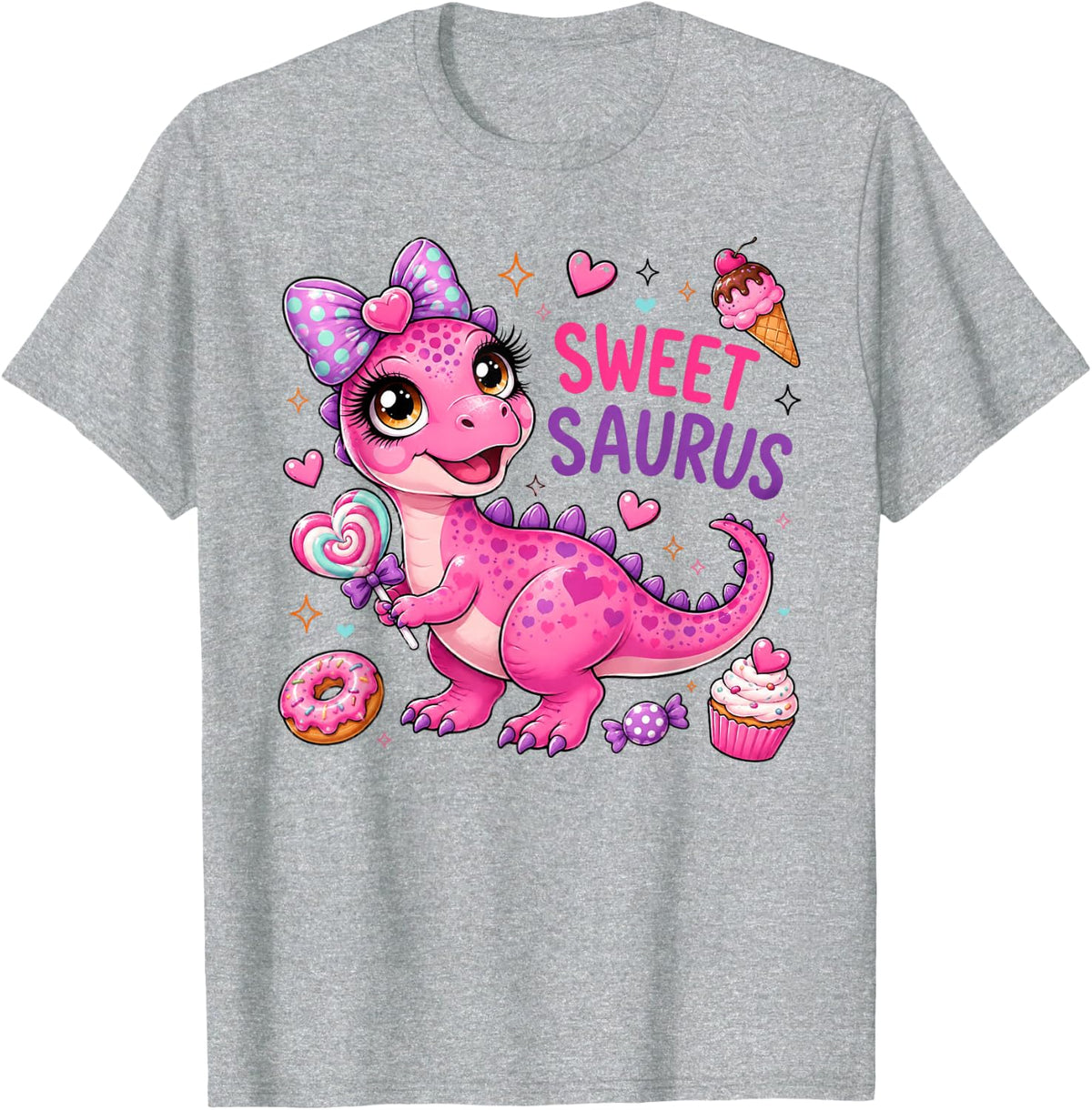 Sweet Saurus Cute T-Rex Girls Toddlers Dinosaur Dino Lover T-Shirt - Heather Grey