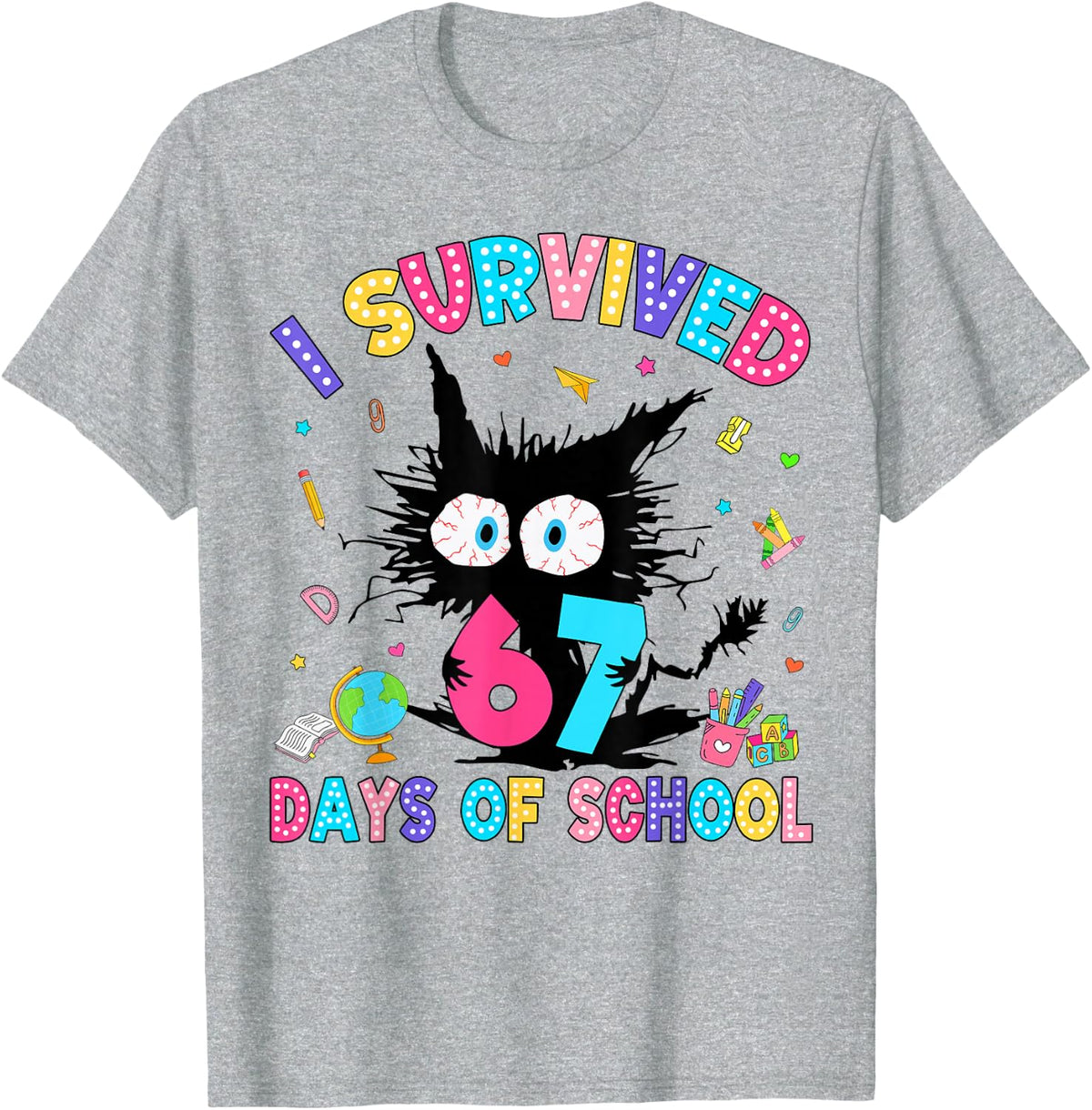 I Survived 67 Days of School Six Seven Meme Slang Black Cat T-Shirt - Heather Grey