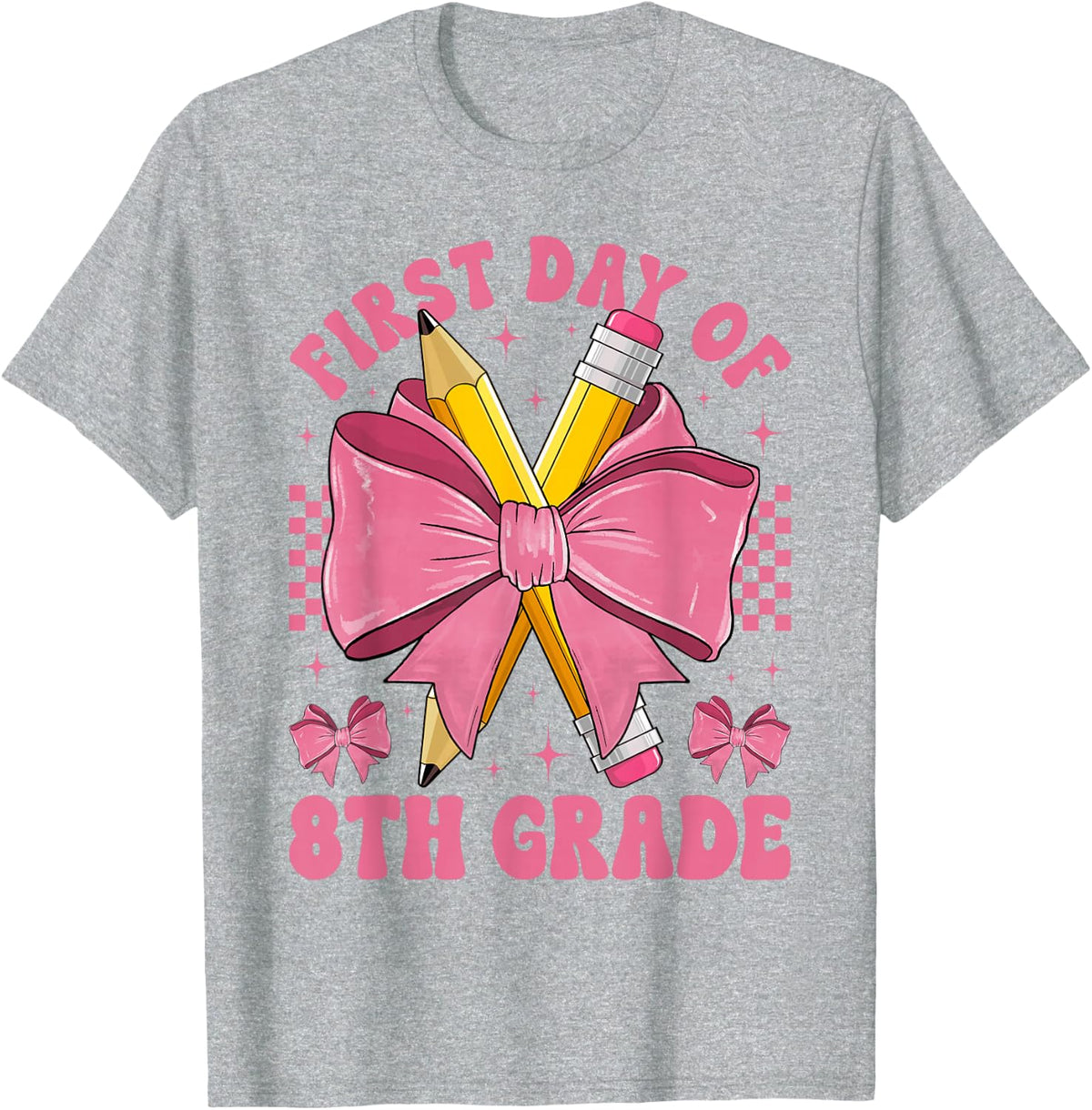 First Day of 8th Grade Coquette Bow Pencil Back to School T-Shirt - Heather Grey