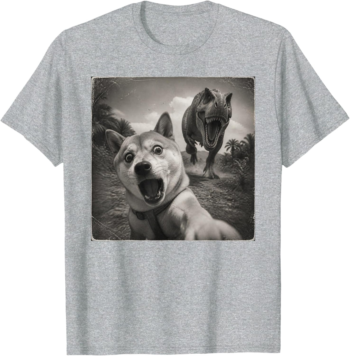 Funny Dinosaur Shiba Inu T-Shirt - Heather Grey