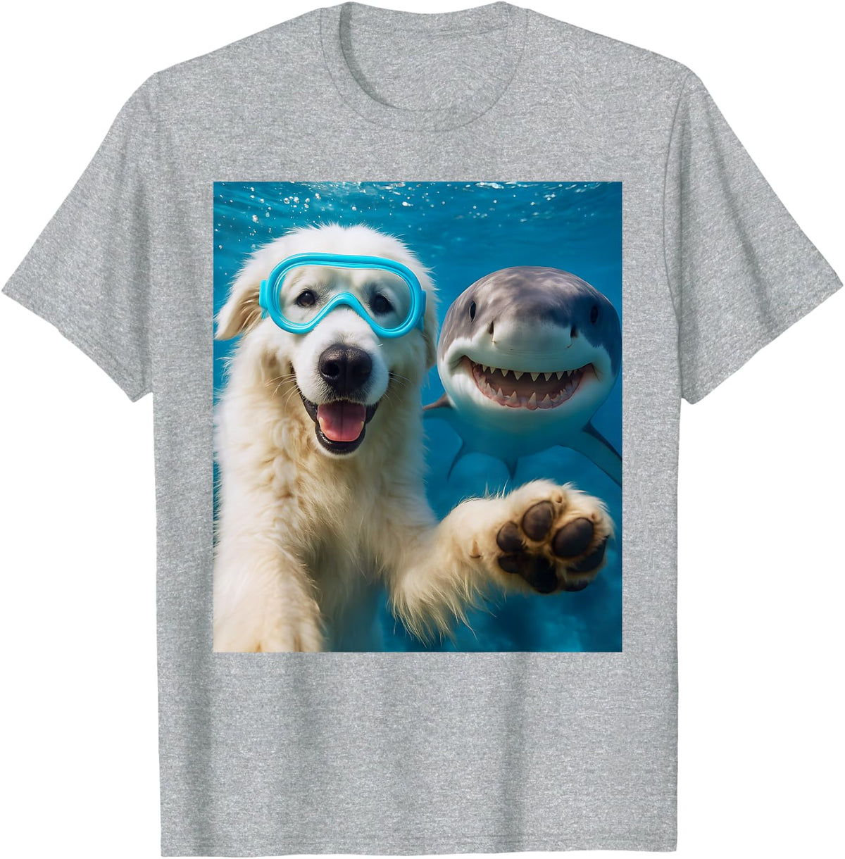 Funny Great Pyrenees Dog Selfie With Shark Ocean Lovers T-Shirt Tee For Dog Lover - Heather Grey