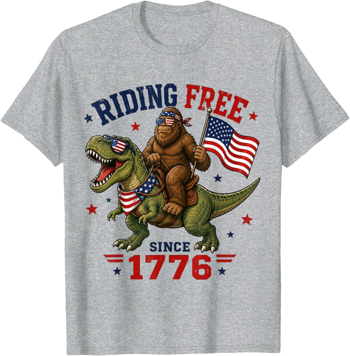 4th of July Bigfoot Dinosaur USA Flag Boys Kids Men T-Shirt - Heather Grey