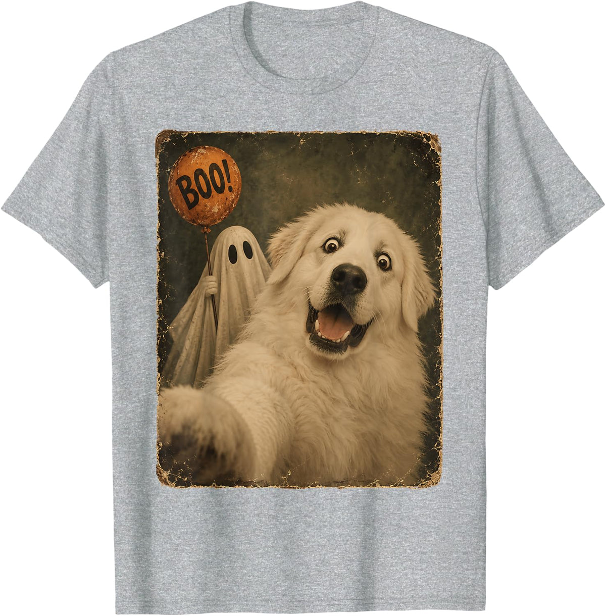 Great Pyrenees Ghost Selfie Funny Halloween Dog T-Shirt - Heather Grey
