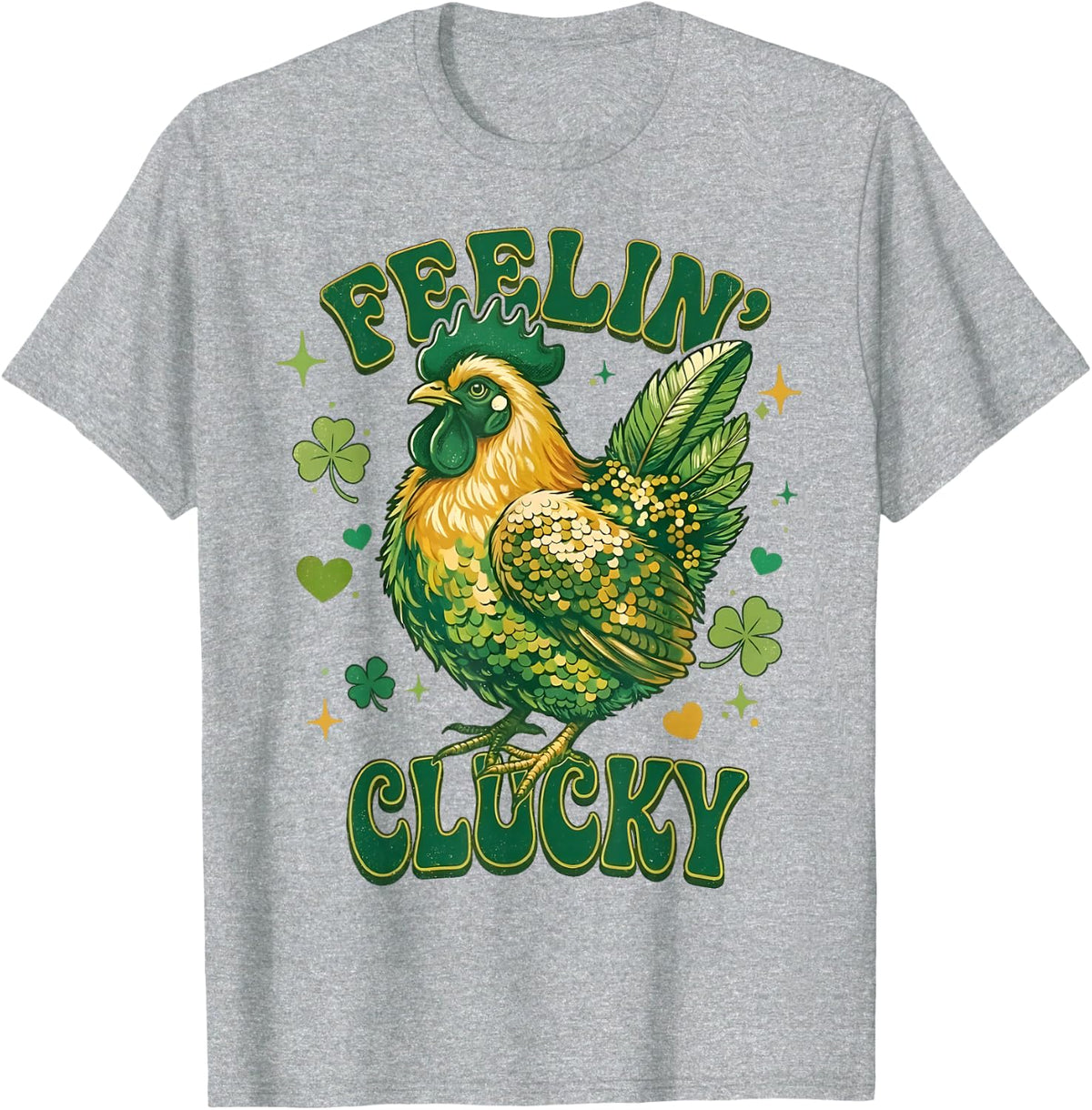 Feelin' Clucky Funny Chicken Shamrock St Patrick's Day Tee T-Shirt - Heather Grey