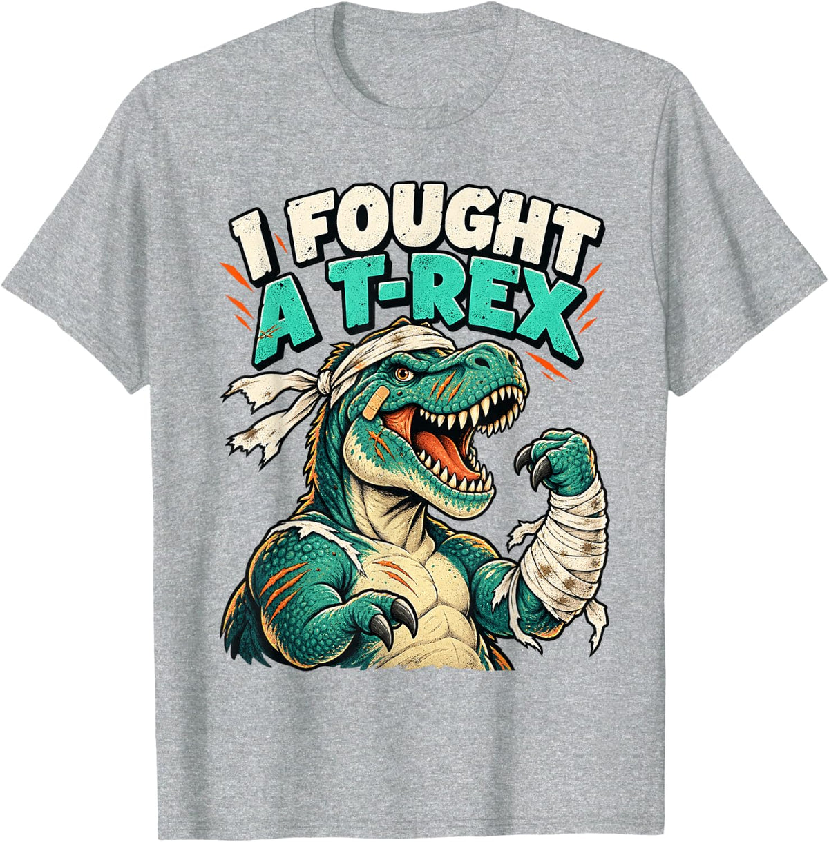 I Fought A T Rex Funny Dinosaur Survivor T-Shirt - Heather Grey